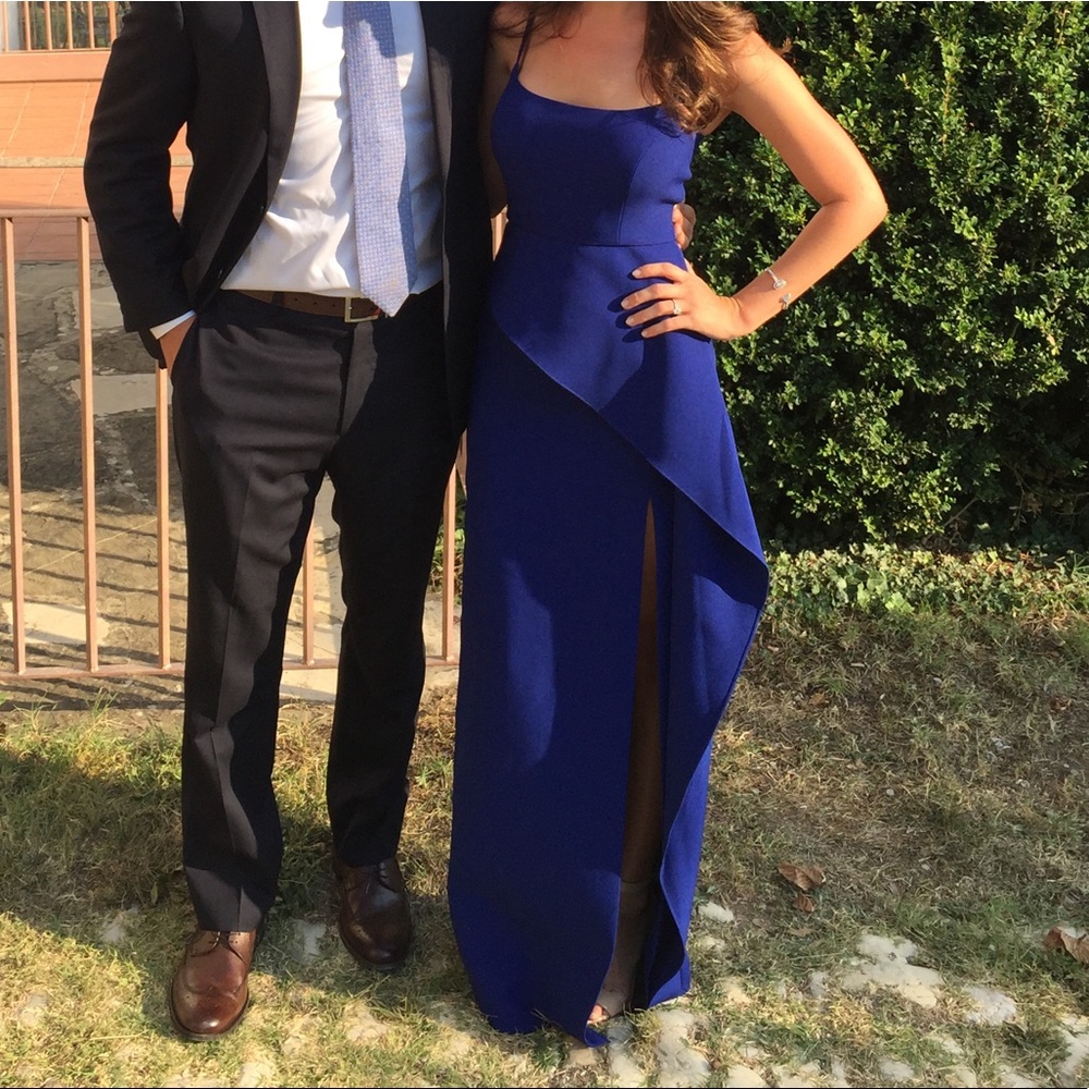 BCBG formal dress with spaghetti straps and ruffle